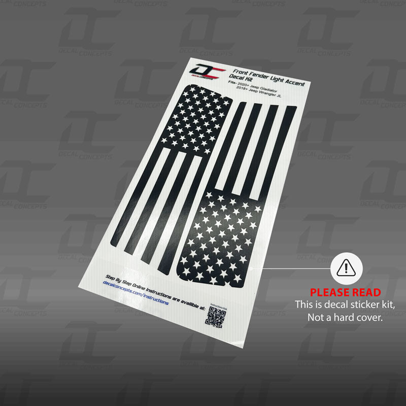 American Flag Front Fender Light Accent Decal Kit For Jeep Gladiator  / Jeep Wrangler JL (2018-2024)