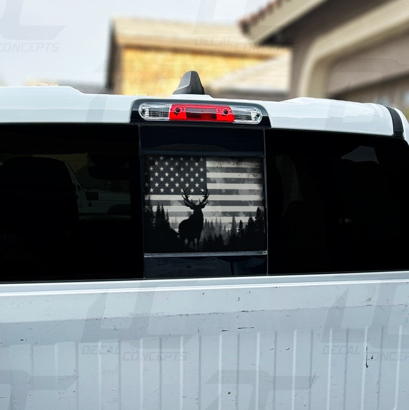 American Flag Elk Forest Silhouette Rear Window Printed Accent Decal For Dodge Ram (2019-2024)