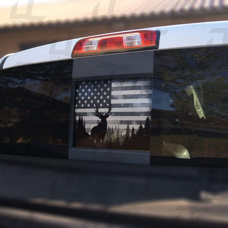 American Flag Elk Forest Silhouette Rear Window Printed Accent Decal For Silverado/Sierra (2014-2018)